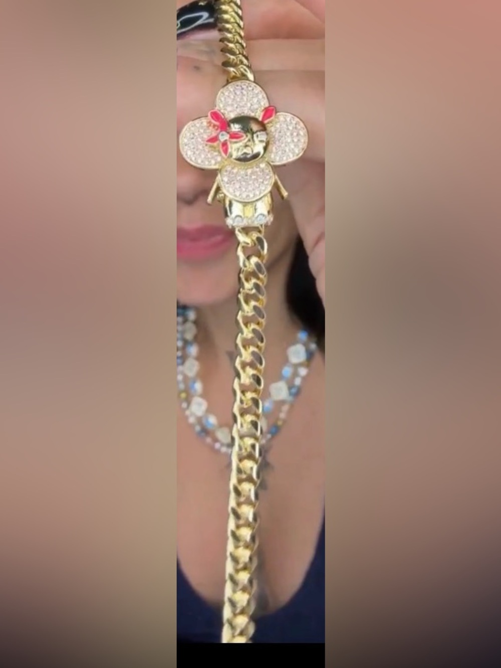 Gold Floral Vivian Face Charm Cuban Link Bracelet - Pink Accent